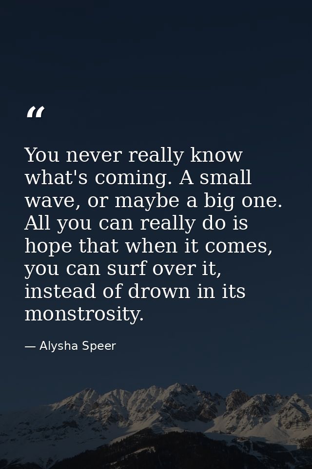 You never really know what's coming. A small wave, or maybe a big one. All you can really do is hope that when it comes, — Alysha Speer