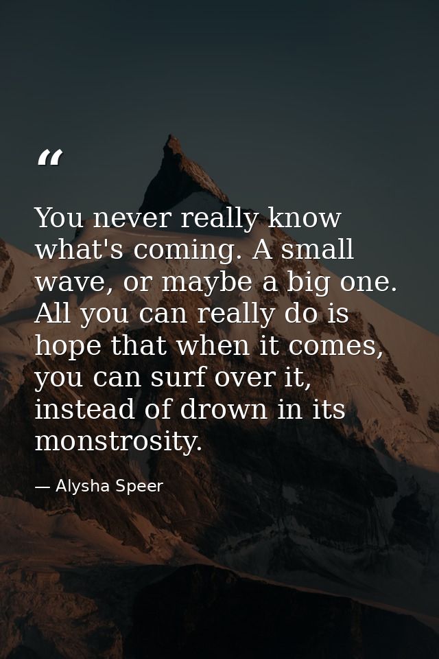 You never really know what's coming. A small wave, or maybe a big one. All you can really do is hope that when it comes, — Alysha Speer