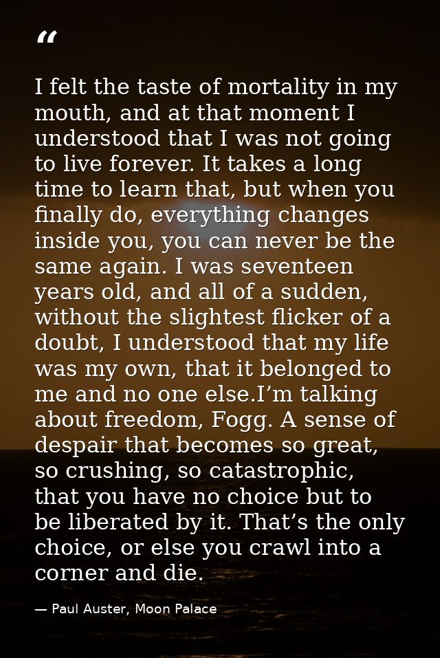 I felt the taste of mortality in my mouth, and at that moment I understood that I was not going to live forever. It take — Paul Auster, Moon Palace