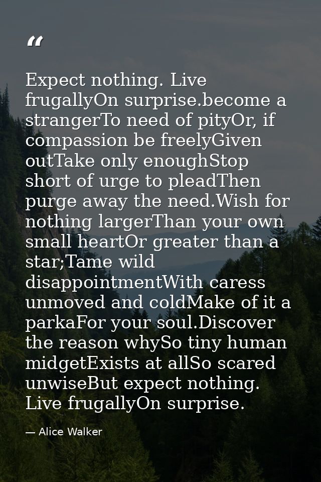 Expect nothing. Live frugallyOn surprise.become a strangerTo need of pityOr, if compassion be freelyGiven outTake only e — Alice Walker
