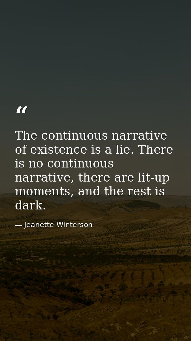 The continuous narrative of existence is a lie. There is no continuous narrative, there are lit-up moments, and the rest — Jeanette Winterson