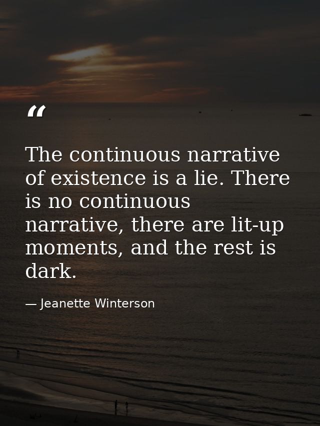 The continuous narrative of existence is a lie. There is no continuous narrative, there are lit-up moments, and the rest — Jeanette Winterson