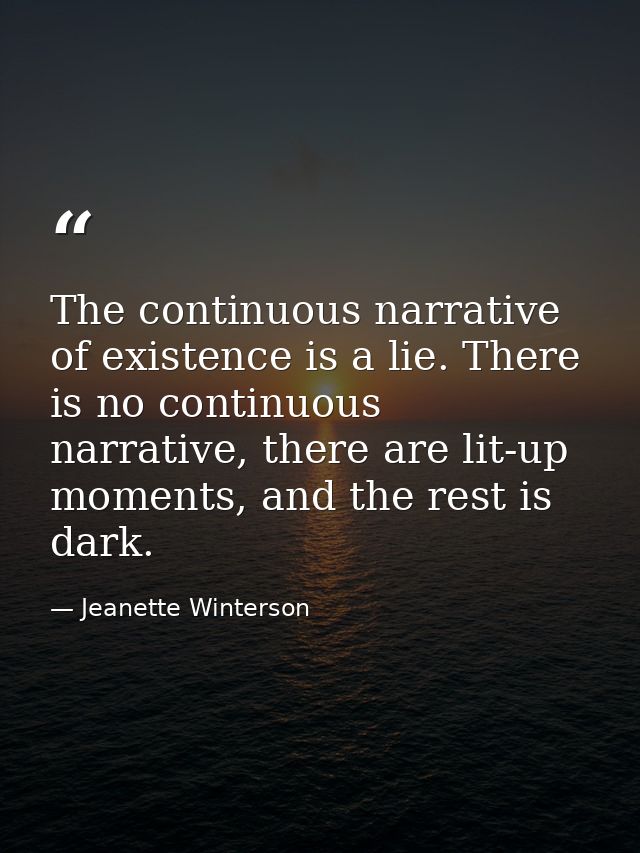 The continuous narrative of existence is a lie. There is no continuous narrative, there are lit-up moments, and the rest — Jeanette Winterson