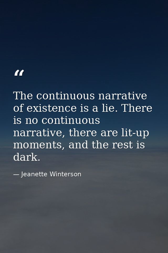 The continuous narrative of existence is a lie. There is no continuous narrative, there are lit-up moments, and the rest — Jeanette Winterson