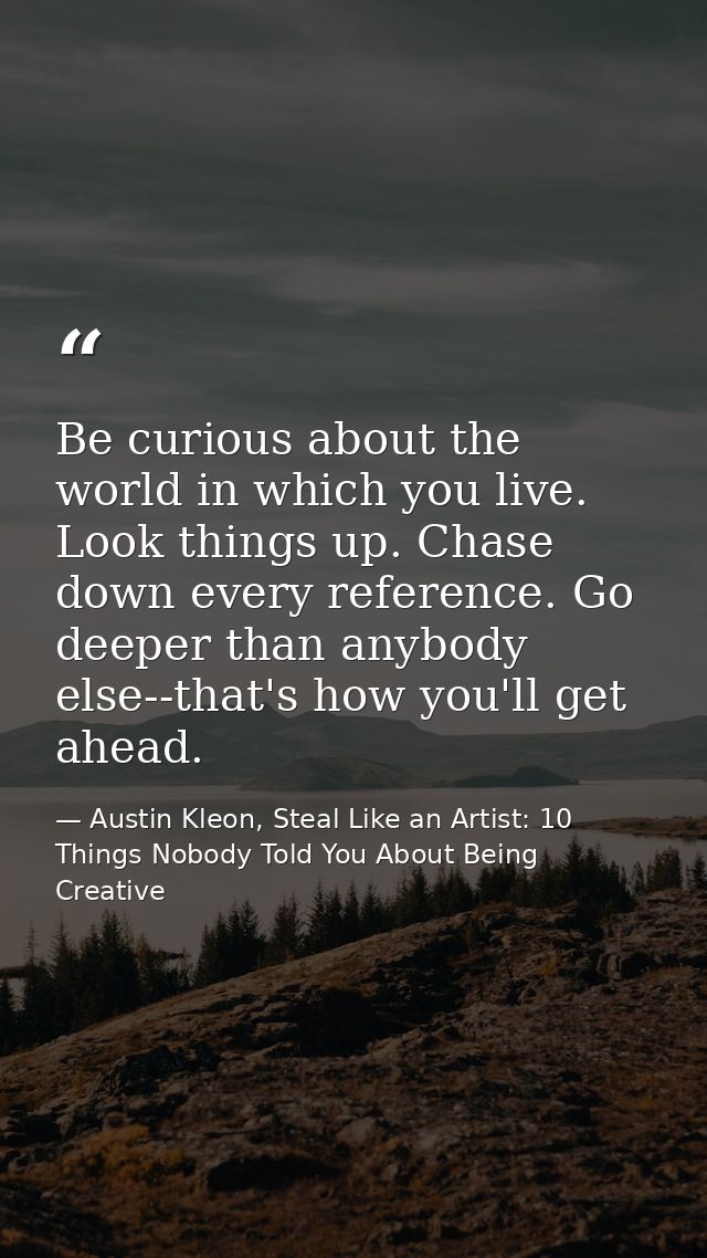 Be curious about the world in which you live. Look things up. Chase down every reference. Go deeper than anybody else--t — Austin Kleon, Steal Like an Artist: 10 Things Nobody Told You About Being Creative
