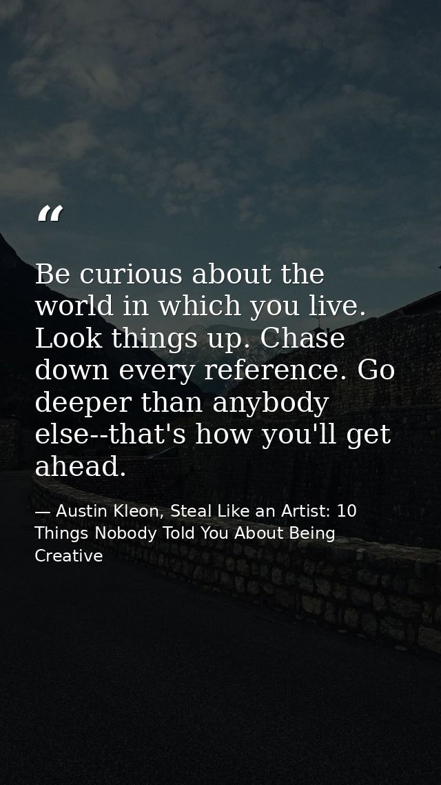 Be curious about the world in which you live. Look things up. Chase down every reference. Go deeper than anybody else--t — Austin Kleon, Steal Like an Artist: 10 Things Nobody Told You About Being Creative