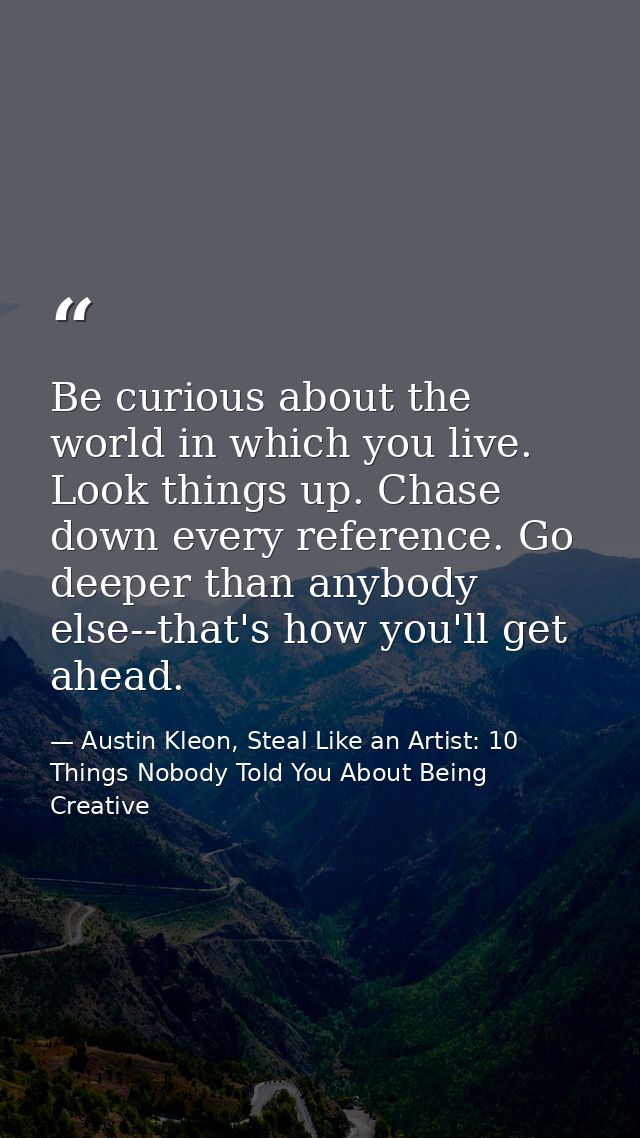 Be curious about the world in which you live. Look things up. Chase down every reference. Go deeper than anybody else--t — Austin Kleon, Steal Like an Artist: 10 Things Nobody Told You About Being Creative
