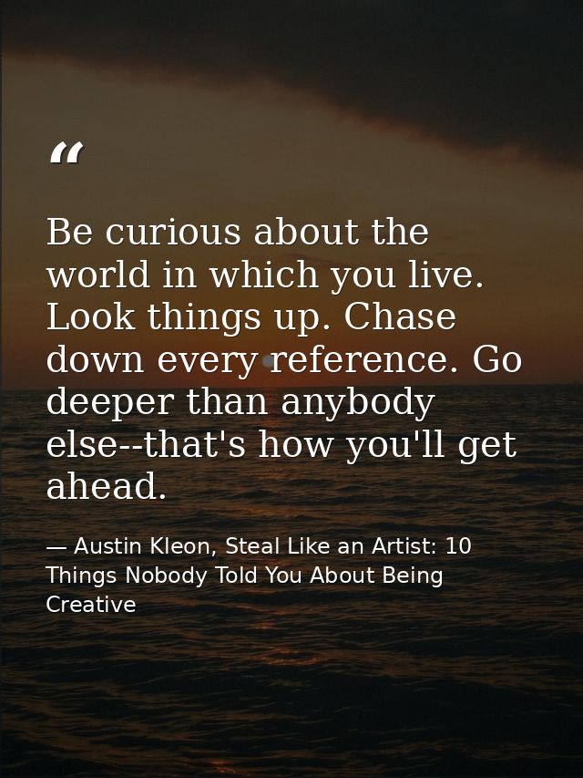 Be curious about the world in which you live. Look things up. Chase down every reference. Go deeper than anybody else--t — Austin Kleon, Steal Like an Artist: 10 Things Nobody Told You About Being Creative