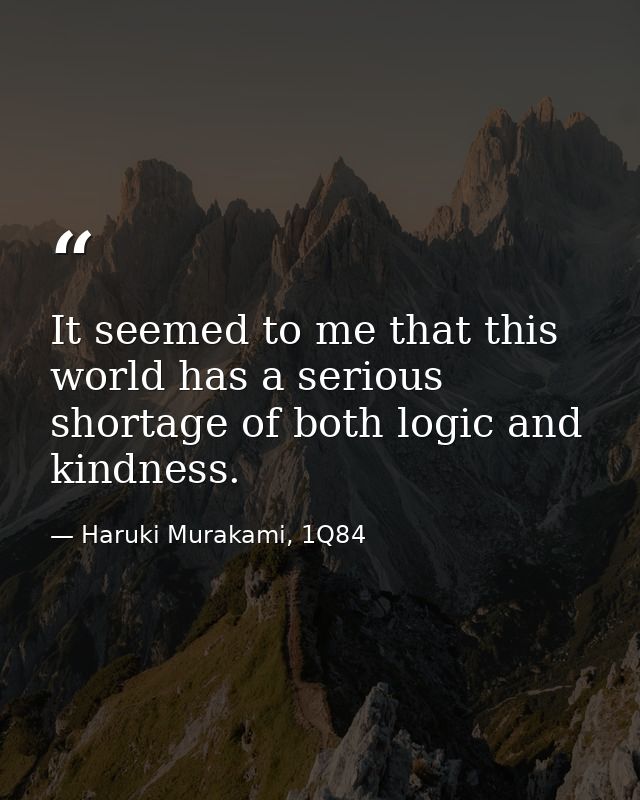 It seemed to me that this world has a serious shortage of both logic and kindness. — Haruki Murakami, 1Q84