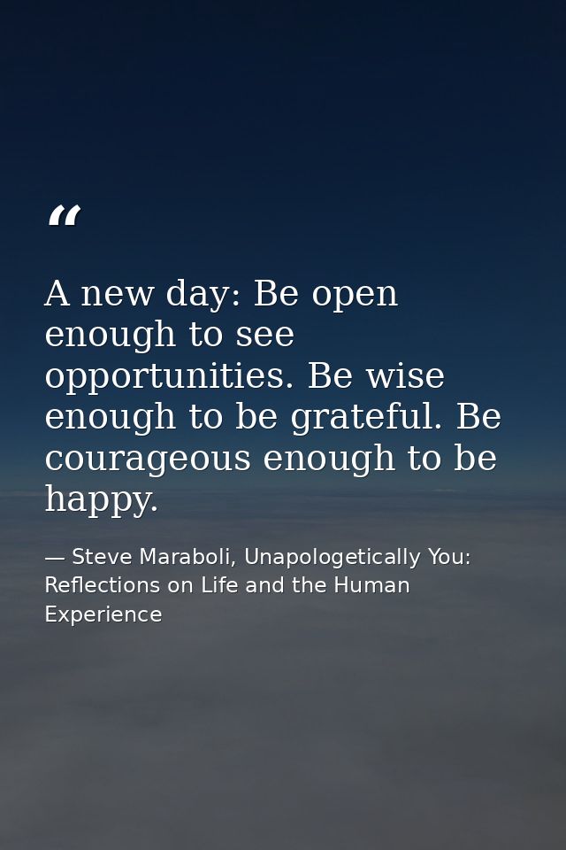 A new day: Be open enough to see opportunities. Be wise enough to be grateful. Be courageous enough to be happy. — Steve Maraboli, Unapologetically You: Reflections on Life and the Human Experience