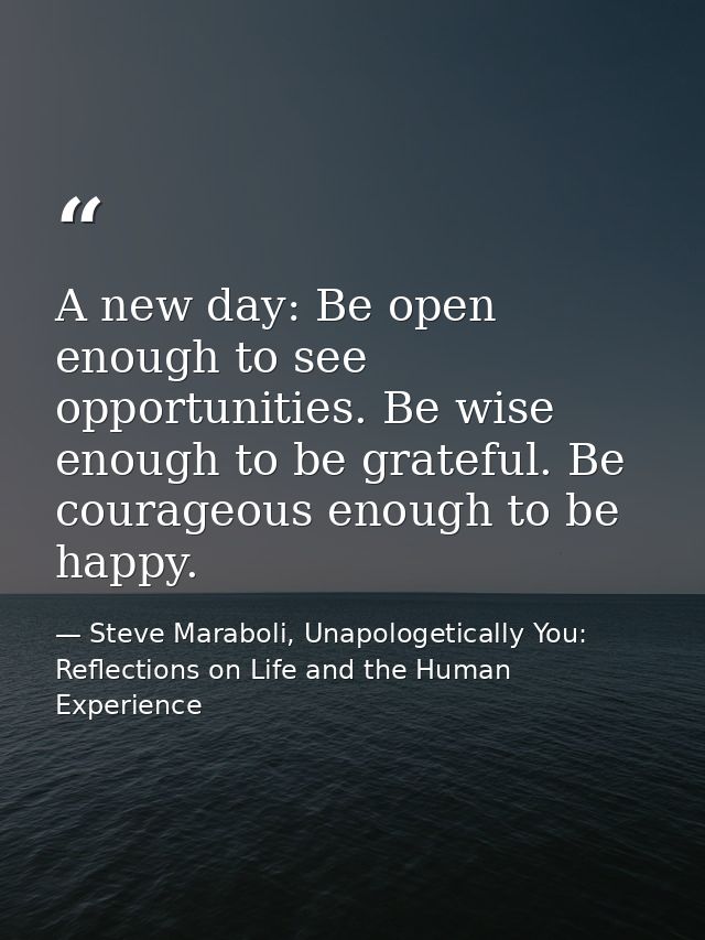 A new day: Be open enough to see opportunities. Be wise enough to be grateful. Be courageous enough to be happy. — Steve Maraboli, Unapologetically You: Reflections on Life and the Human Experience