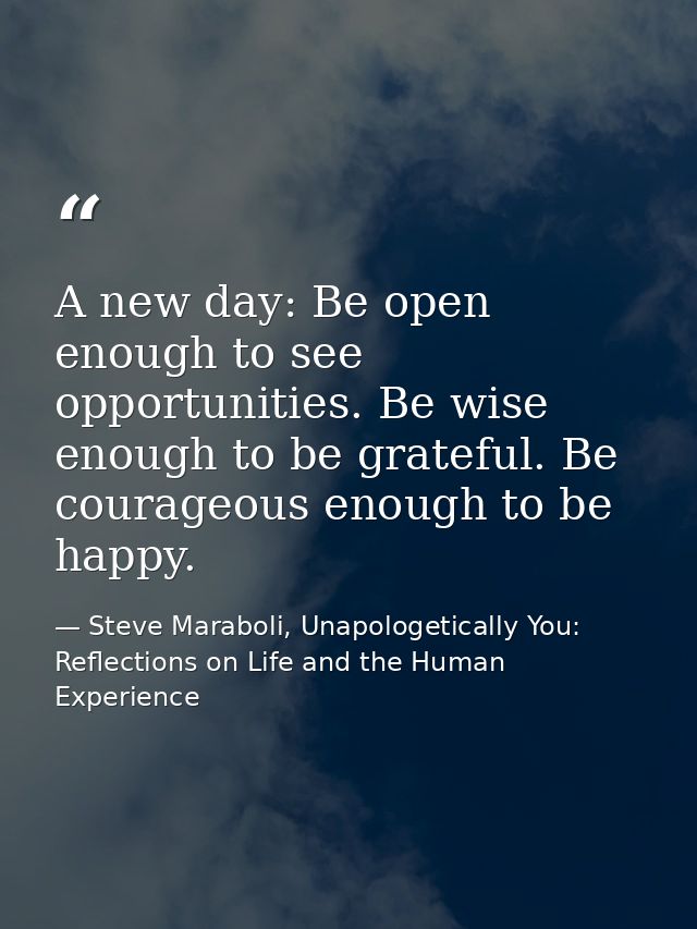 A new day: Be open enough to see opportunities. Be wise enough to be grateful. Be courageous enough to be happy. — Steve Maraboli, Unapologetically You: Reflections on Life and the Human Experience