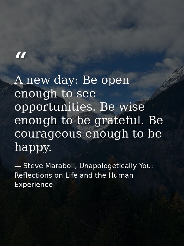 A new day: Be open enough to see opportunities. Be wise enough to be grateful. Be courageous enough to be happy. — Steve Maraboli, Unapologetically You: Reflections on Life and the Human Experience