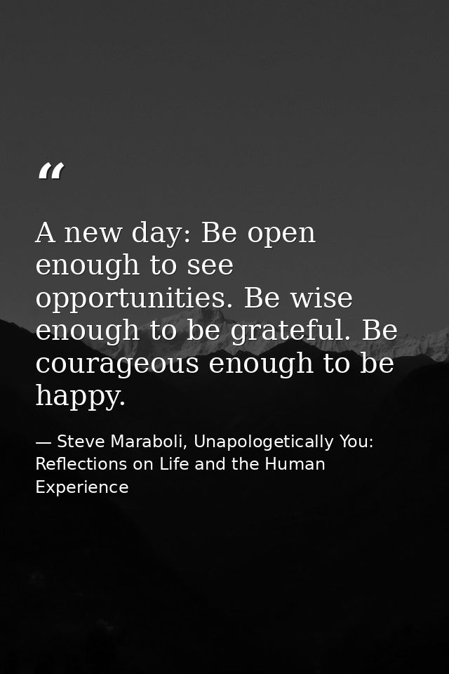 A new day: Be open enough to see opportunities. Be wise enough to be grateful. Be courageous enough to be happy. — Steve Maraboli, Unapologetically You: Reflections on Life and the Human Experience