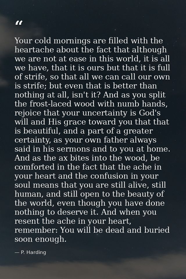 Your cold mornings are filled with the heartache about the fact that although we are not at ease in this world, it is al — P. Harding