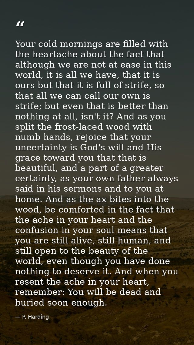 Your cold mornings are filled with the heartache about the fact that although we are not at ease in this world, it is al — P. Harding