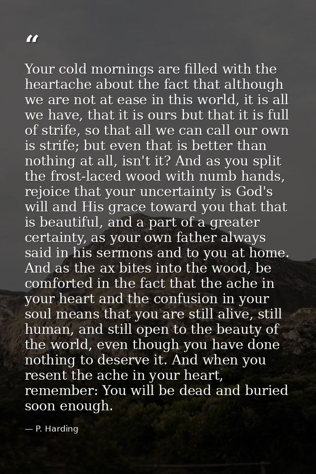 Your cold mornings are filled with the heartache about the fact that although we are not at ease in this world, it is al — P. Harding