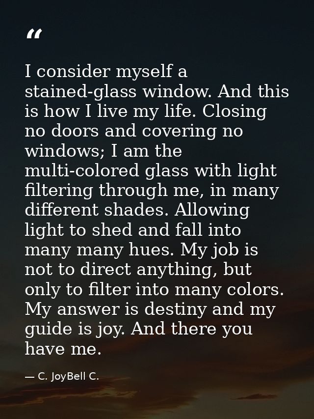 I consider myself a stained-glass window. And this is how I live my life. Closing no doors and covering no windows; I am — C. JoyBell C.