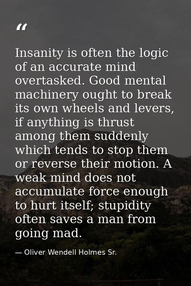 Insanity is often the logic of an accurate mind overtasked. Good mental machinery ought to break its own wheels and leve — Oliver Wendell Holmes Sr.