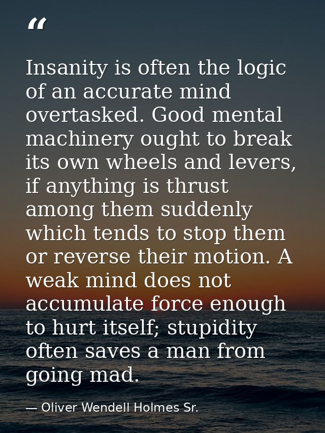 Insanity is often the logic of an accurate mind overtasked. Good mental machinery ought to break its own wheels and leve — Oliver Wendell Holmes Sr.