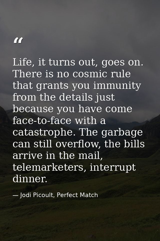 Life, it turns out, goes on. There is no cosmic rule that grants you immunity from the details just because you have com — Jodi Picoult, Perfect Match