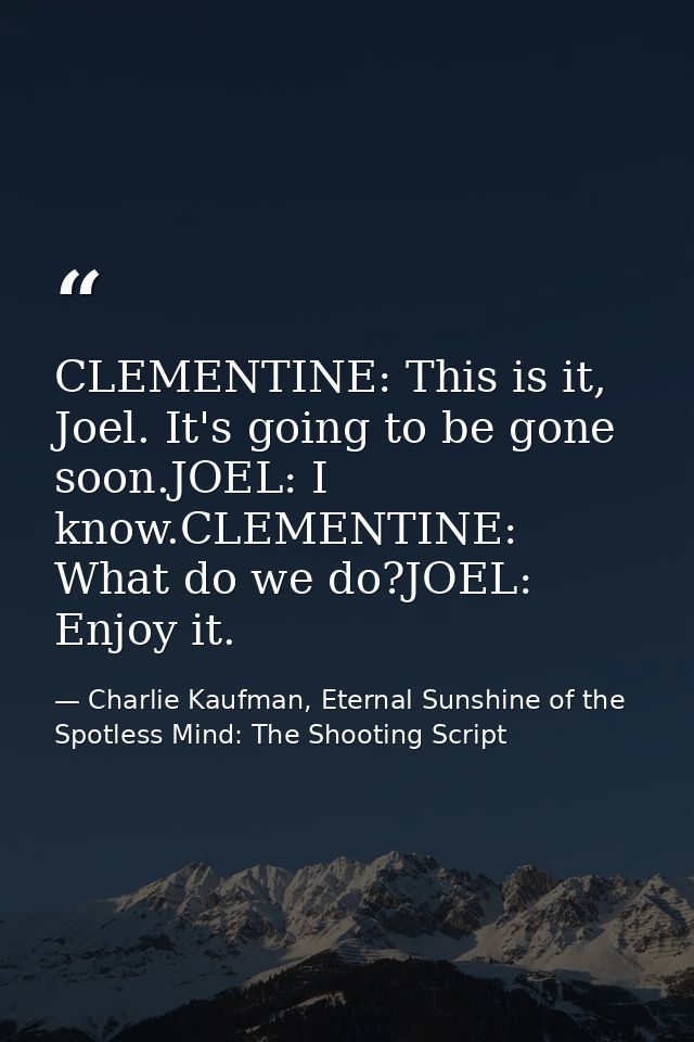 CLEMENTINE: This is it, Joel. It's going to be gone soon.JOEL: I know.CLEMENTINE: What do we do?JOEL: Enjoy it. — Charlie Kaufman, Eternal Sunshine of the Spotless Mind: The Shooting Script