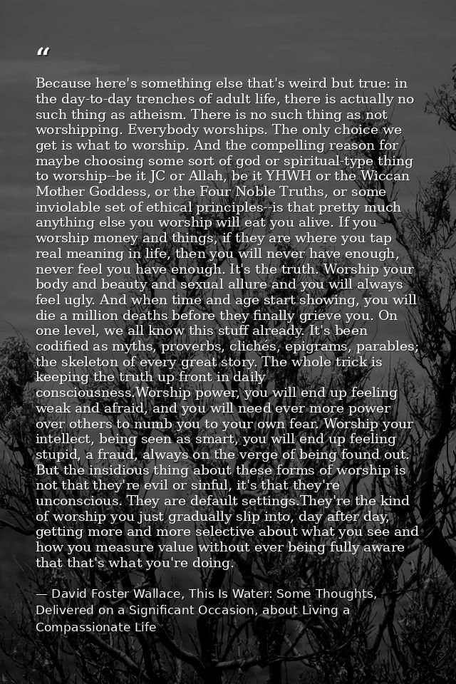 Because here's something else that's weird but true: in the day-to-day trenches of adult life, there is actually no such — David Foster Wallace, This Is Water: Some Thoughts, Delivered on a Significant Occasion, about Living a Compassionate Life