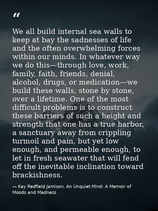 We all build internal sea walls to keep at bay the sadnesses of life and the often overwhelming forces within our minds. — Kay Redfield Jamison, An Unquiet Mind: A Memoir of Moods and Madness