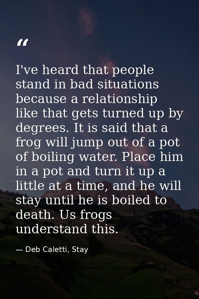 I've heard that people stand in bad situations because a relationship like that gets turned up by degrees. It is said th — Deb Caletti, Stay