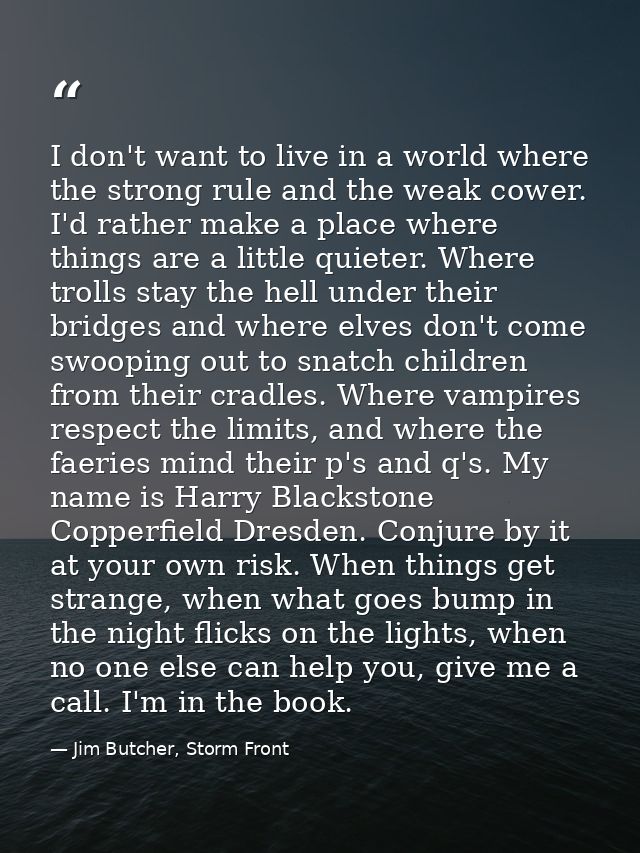 I don't want to live in a world where the strong rule and the weak cower. I'd rather make a place where things are a lit — Jim Butcher, Storm Front