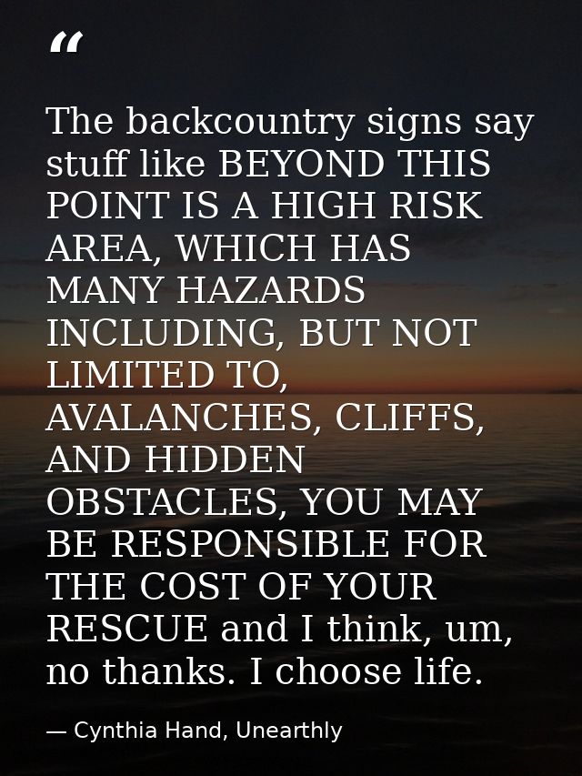 The backcountry signs say stuff like BEYOND THIS POINT IS A HIGH RISK AREA, WHICH HAS MANY HAZARDS INCLUDING, BUT NOT LI — Cynthia Hand, Unearthly