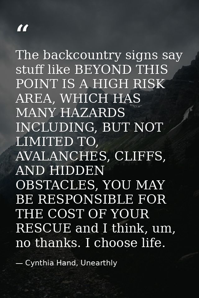 The backcountry signs say stuff like BEYOND THIS POINT IS A HIGH RISK AREA, WHICH HAS MANY HAZARDS INCLUDING, BUT NOT LI — Cynthia Hand, Unearthly