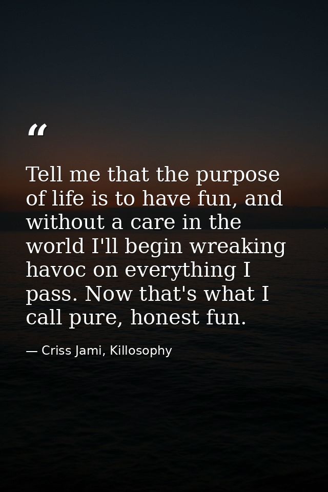 Tell me that the purpose of life is to have fun, and without a care in the world I'll begin wreaking havoc on everything — Criss Jami, Killosophy