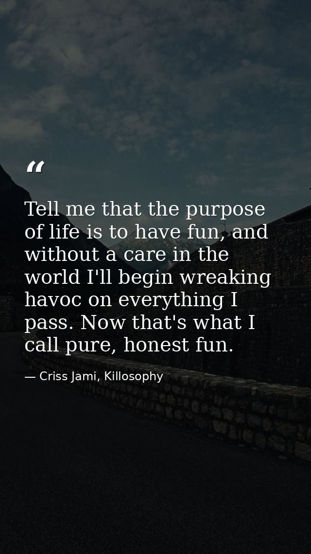 Tell me that the purpose of life is to have fun, and without a care in the world I'll begin wreaking havoc on everything — Criss Jami, Killosophy