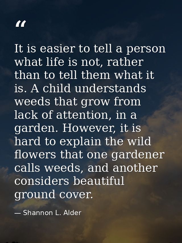 It is easier to tell a person what life is not, rather than to tell them what it is. A child understands weeds that grow — Shannon L. Alder