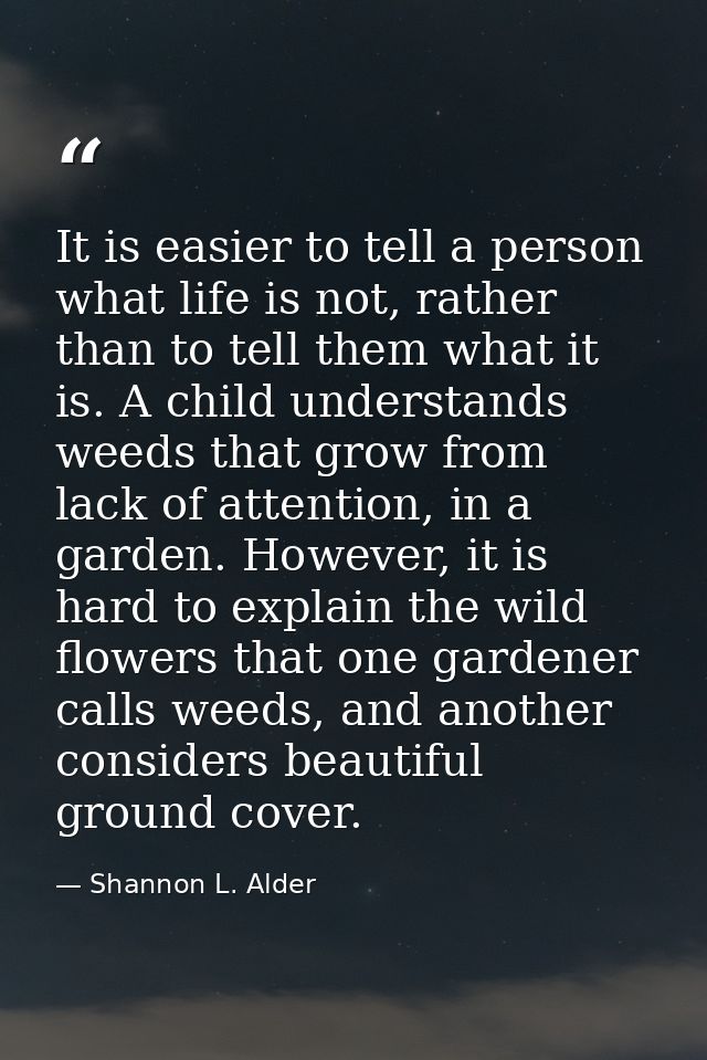 It is easier to tell a person what life is not, rather than to tell them what it is. A child understands weeds that grow — Shannon L. Alder