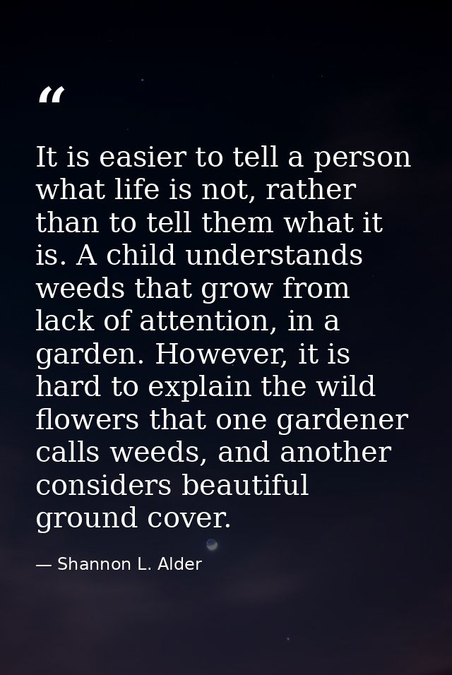 It is easier to tell a person what life is not, rather than to tell them what it is. A child understands weeds that grow — Shannon L. Alder