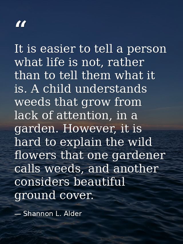 It is easier to tell a person what life is not, rather than to tell them what it is. A child understands weeds that grow — Shannon L. Alder