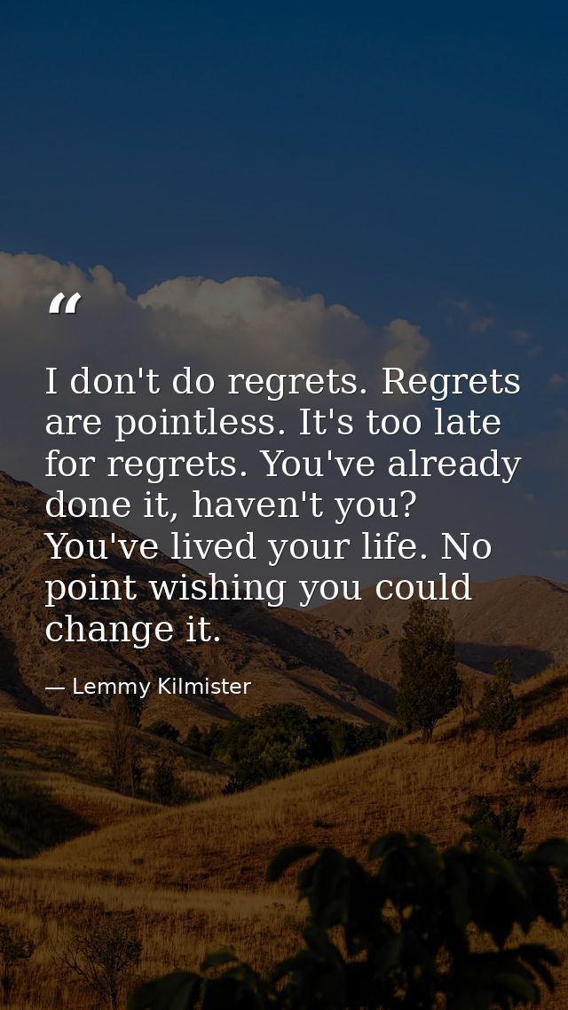 I don't do regrets. Regrets are pointless. It's too late for regrets. You've already done it, haven't you? You've lived  — Lemmy Kilmister