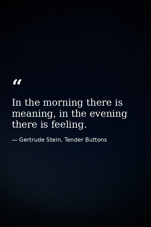 In the morning there is meaning, in the evening there is feeling. — Gertrude Stein, Tender Buttons