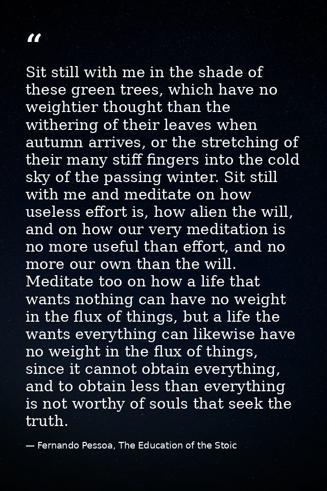 Sit still with me in the shade of these green trees, which have no weightier thought than the withering of their leaves  — Fernando Pessoa, The Education of the Stoic