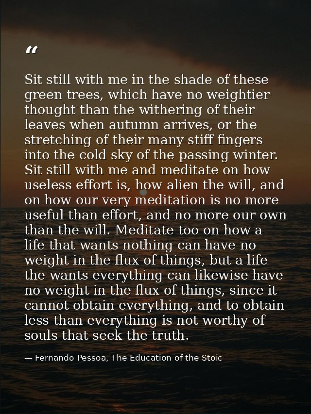Sit still with me in the shade of these green trees, which have no weightier thought than the withering of their leaves  — Fernando Pessoa, The Education of the Stoic