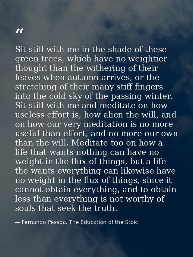 Sit still with me in the shade of these green trees, which have no weightier thought than the withering of their leaves  — Fernando Pessoa, The Education of the Stoic