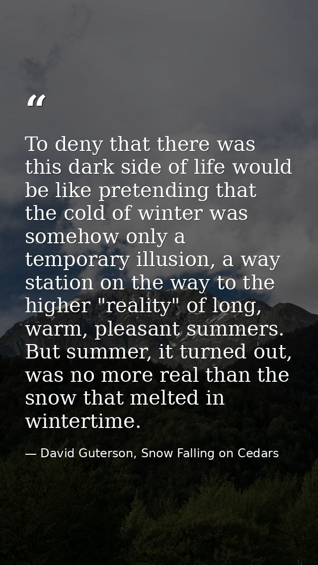 To deny that there was this dark side of life would be like pretending that the cold of winter was somehow only a tempor — David Guterson, Snow Falling on Cedars
