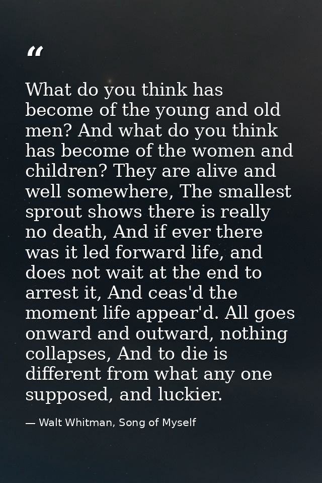 What do you think has become of the young and old men? And what do you think has become of the women and children? They  — Walt Whitman, Song of Myself