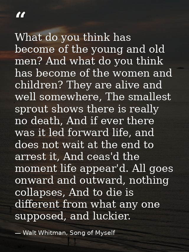 What do you think has become of the young and old men? And what do you think has become of the women and children? They  — Walt Whitman, Song of Myself