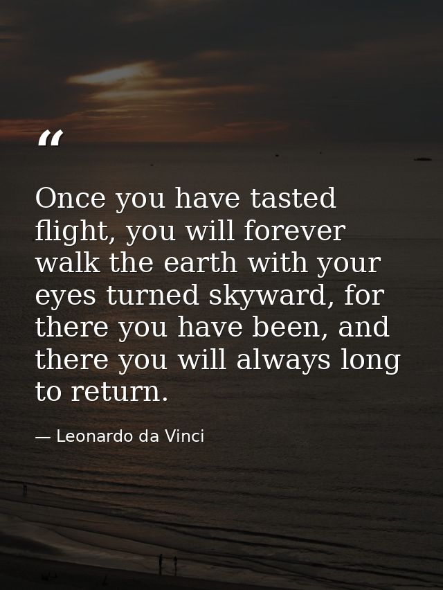 Once you have tasted flight, you will forever walk the earth with your eyes turned skyward, for there you have been, and — Leonardo da Vinci