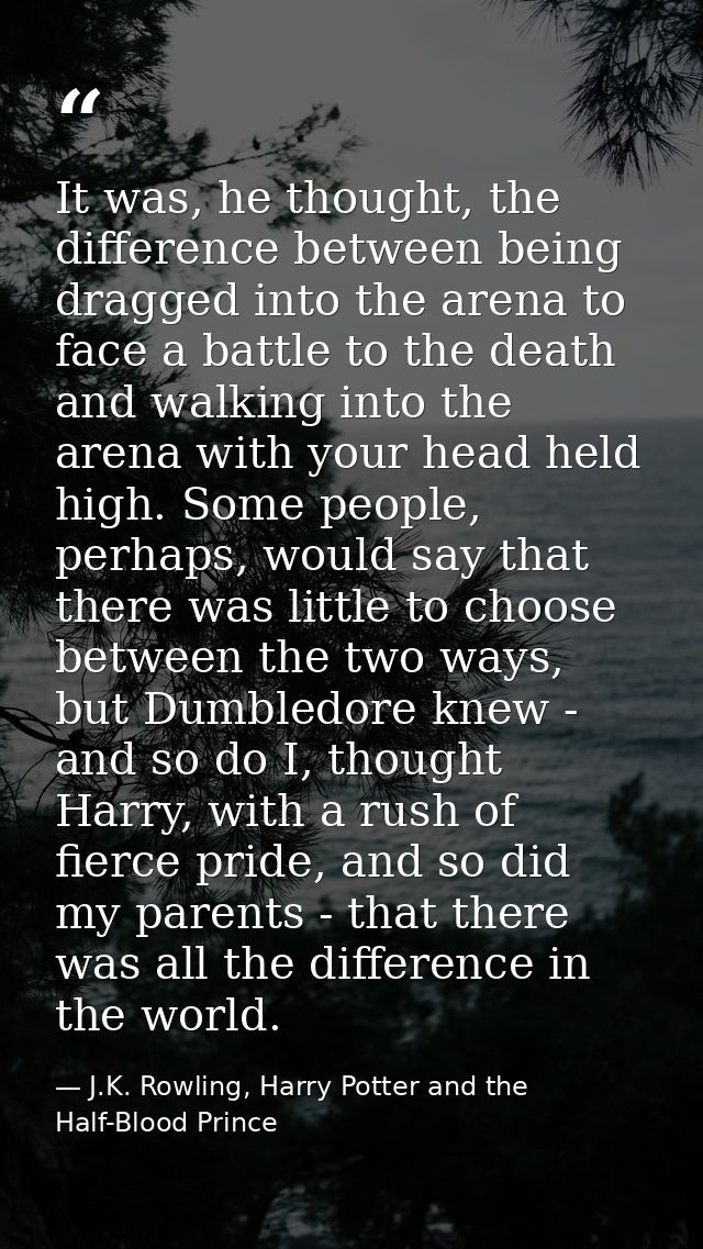 It was, he thought, the difference between being dragged into the arena to face a battle to the death and walking into t — J.K. Rowling, Harry Potter and the Half-Blood Prince