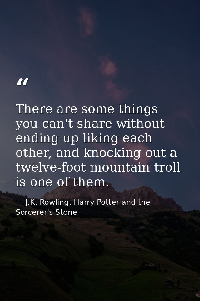 There are some things you can't share without ending up liking each other, and knocking out a twelve-foot mountain troll — J.K. Rowling, Harry Potter and the Sorcerer's Stone