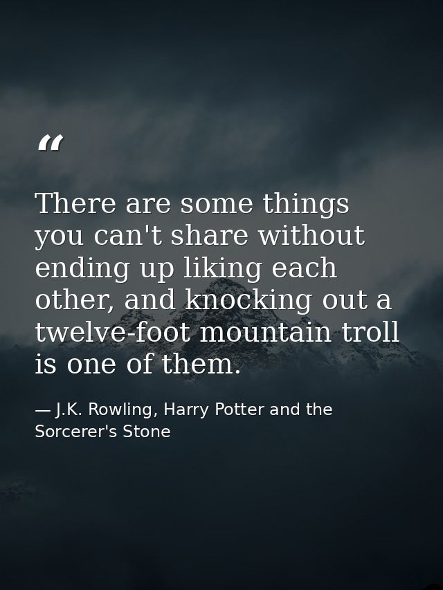 There are some things you can't share without ending up liking each other, and knocking out a twelve-foot mountain troll — J.K. Rowling, Harry Potter and the Sorcerer's Stone